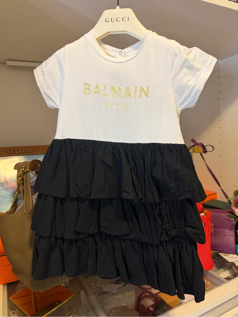 Balmain Black & White Girls Ruffle Tiered Dress with Gold Logo